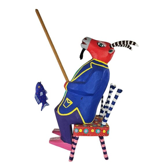 Martin Melchor Folk Art Oaxacan Alebrije Wooden Figurine Goat Fishing On Chair - Picture 1 of 8